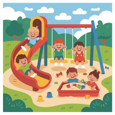 Beyaz arka planda izole edilmiş kaydırak, salıncak ve kum havuzuyla oyun oynayan mutlu çocuklar