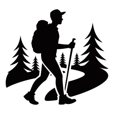 Sırt çantalı bir yürüyüşçünün silueti ve beyaz arka planda izole bir ormanda yürüyen yürüyüş direkleri.