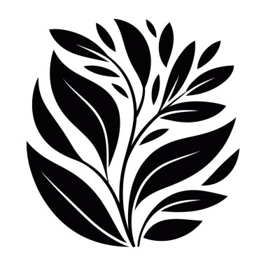 Beyaz arkaplanda izole edilmiş dairesel düzende yaprakları olan bir dalın silüeti