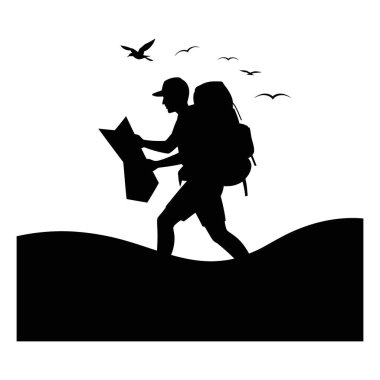 Sırt çantası ve haritası olan bir yürüyüşçünün silueti beyaz arka planda izole bir tepenin üzerinde yürüyor kuşlar yukarıda uçuyor.