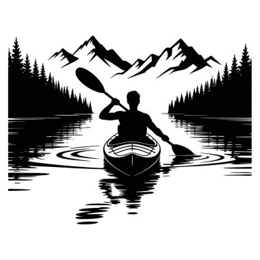 Gölde kayak yapan bir adamın silueti. Arka planda ağaçlar ve dağlar var. Beyaz arka planda izole edilmiş.