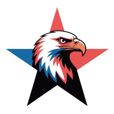 Beyaz arka planda izole edilmiş, Amerika 'nın vatansever sembolü olan bir yıldızın önündeki kel Amerikan kartalı kafası.