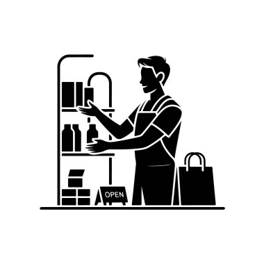 Dost canlısı bir esnaf beyaz arka planda raflarda eşyalar düzenler.