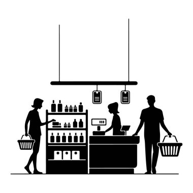 Bakkaldan alışveriş yapan müşteriler beyaz arka planda izole edilmiş.