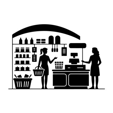 Beyaz arka planda izole edilmiş bir müşteri ve kasiyer ile bir marketin siyah beyaz silueti.