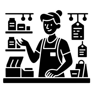 Tezgahın arkasında duran kadın esnaf beyaz arka planda izole edilmiş, gülümseyerek müşterilere hizmet etmeye hazır.