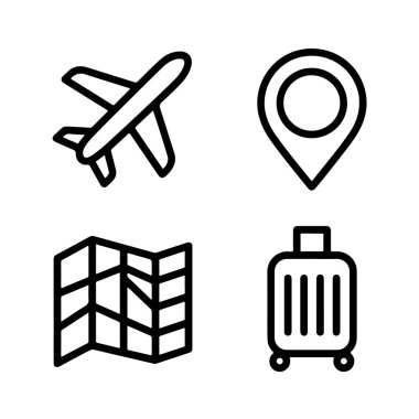 Beyaz arka planda izole edilmiş seyahat ve turizm vektör simgeleri, sunumlar, web siteleri ve pazarlama malzemeleri için mükemmel