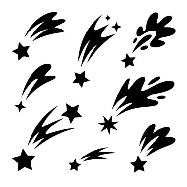 Grafik tasarımı için beyaz zemin üzerinde izole edilmiş farklı şekillere sahip siyah kayan yıldız simgeleri koleksiyonu