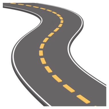Perspektif görünümünde sarı çizgili kıvrımlı yol ulaşım kavramı kullanımı için beyaz arkaplanda izole edildi