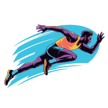 Beyaz arka planda izole edilmiş hız ve çeviklikle koşan bir erkek sporcunun dinamik bir çizimi