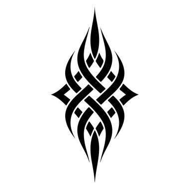 Karmaşık siyah kabile dövmesi tasarımı beyaz arka planda izole edilmiş, iç içe geçmiş çizgiler ve sivri uçlar var.