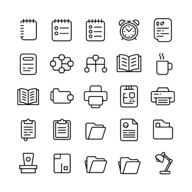 Kırtasiye malzemesi, belge ve temel ofis malzemelerinin yer aldığı beyaz arkaplanda izole edilmiş ofis simgeleri koleksiyonu