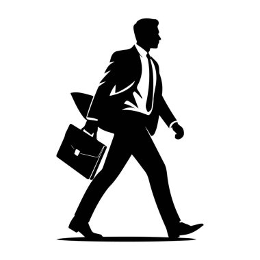 İş ve finans projeleri için beyaz arka planda izole edilmiş evrak çantasıyla yürüyen bir işadamı tasviri