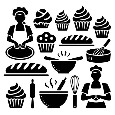 Bir fırıncının hamur yoğurduğunu ve beyaz arka planda izole edilmiş çeşitli hamur işlerini gösteren fırın ve pasta simgeleri