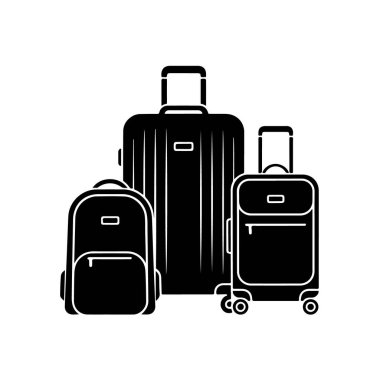 Seyahat ve tatil için beyaz zemin üzerinde izole edilmiş valiz, sırt çantası ve valiz, vektör illüstrasyonu