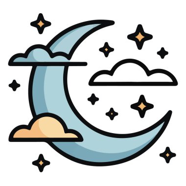 Beyaz zemin üzerinde bulutları ve yıldızları olan hilal, rüya gibi ve göksel bir atmosfer yaratıyor.