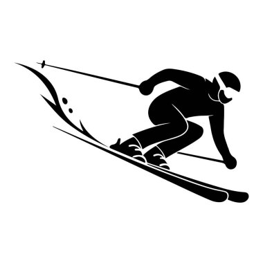 Yokuş aşağı kayan bir kayakçının silueti beyaz arka planda izole edilmiş, kış sporlarının heyecanını ve hızını yakalıyor.