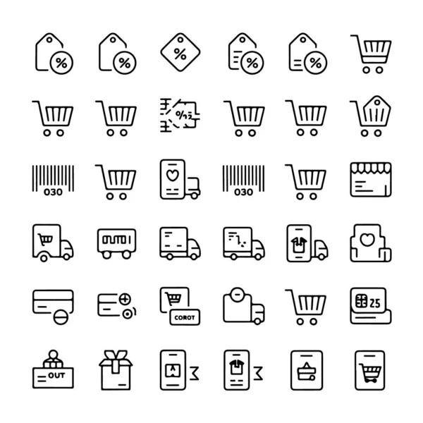 Beyaz arka planda izole edilmiş ticaret ve alışveriş simgeleri el arabası, teslimat kamyonu, barkod ve indirim etiketlerini gösteriyor
