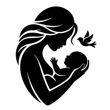 Bebeğini beyaz arka planda, yanında bir kuş olan bir anne, sevgiyi, ilgiyi ve anneliğin güzelliğini simgeler.