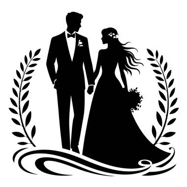 Beyaz arka planda izole edilmiş defne çelenginde bir gelin ve damadın siyah beyaz silueti.