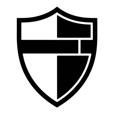 Koruma için beyaz zemin üzerinde izole edilmiş geometrik tasarımı olan siyah beyaz bir kalkan silueti.