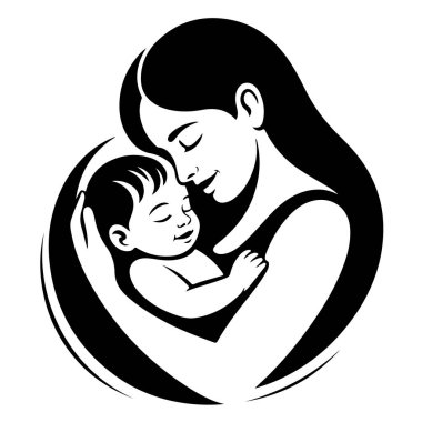 Beyaz arka planda bebeğini tutan bir annenin silüeti sevgi, ilgi ve aile bağını temsil ediyor.