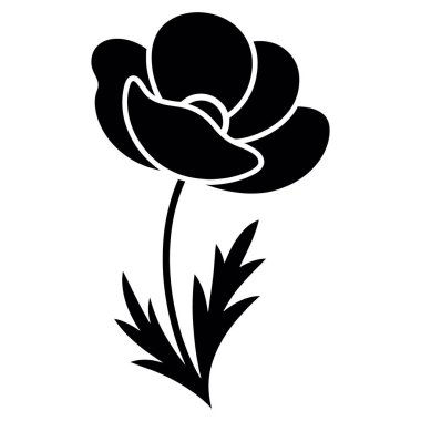 Beyaz arka planda izole edilmiş, zarif siyah bir gelincik çiçeği silueti, narin taç yapraklarını sergiliyor ve minimalist bir tasarımla saplanıyor.