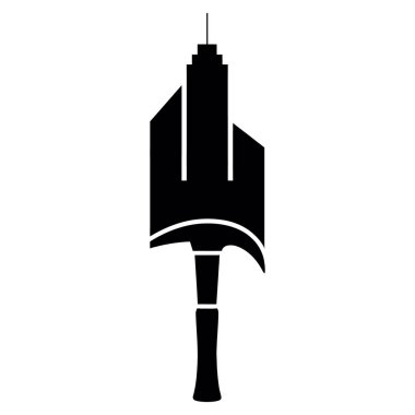 Beyaz arka planda izole edilmiş, ortasında gökdelen olan bir mızrak logosu.