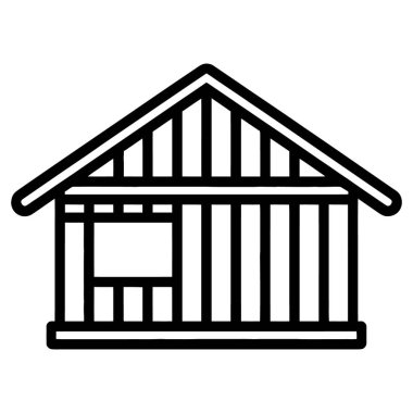 Grafik tasarımı için beyaz zemin üzerinde izole edilmiş, üçgen çatılı basit bir ahşap barakanın tasviri