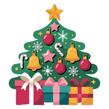 Beyaz arka planda izole edilmiş hediyeleri ve süslemeleri olan bir Noel ağacı. Bayram kutlamaları için mükemmel.