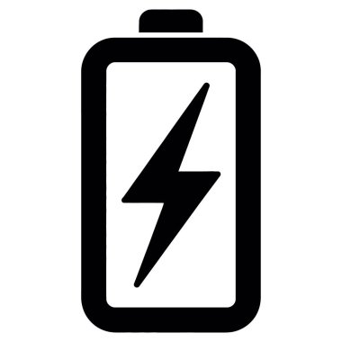 Elektronik cihazlar için enerji ve gücü sembolize eden, beyaz arkaplanda izole edilmiş yıldırımlı pil simgesi