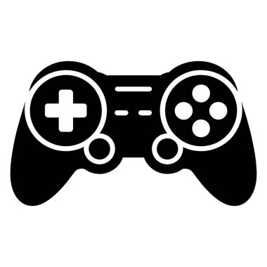 Beyaz arkaplanda, video oyunları ve eğlence sembolü olan siyah ve beyaz oyun alanı simgesi