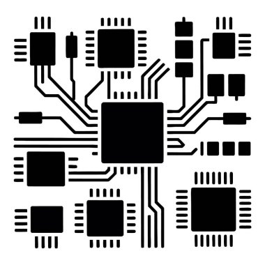 Beyaz arka planda izole edilmiş bir bilgisayar çipinin siyah beyaz çizimi, teknoloji ve mühendislik projeleri için mükemmel.