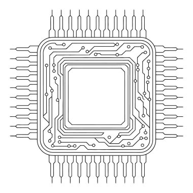 Beyaz arkaplanda izole edilmiş mikroçip, modern cihazlar ve teknolojiler için karmaşık bir elektronik bileşen, vektör illüstrasyonu