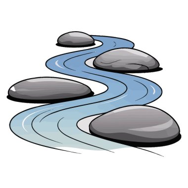 Beyaz arka planda izole edilmiş pürüzsüz gri nehir taşları etrafında akan dolambaçlı mavi bir nehrin çizgi film çizimi