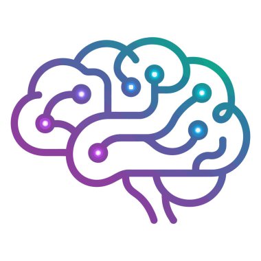 Beyaz arka planda izole edilmiş, parlayan bir beyin devresi tasarımı ile yapay zekayı ve makine öğrenmesini temsil eden stilize simge