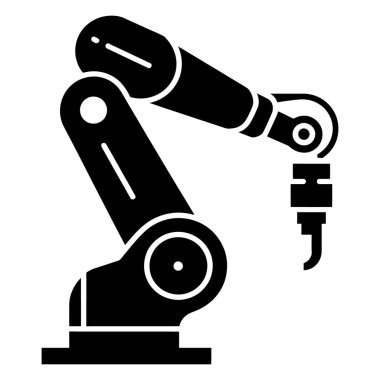 Otomasyon ve üretim süreci için birden fazla eklemli sanayi robot kolunun siyah siluet simgesi beyaz arka planda izole edilmiş