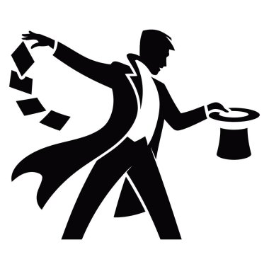 Bir sihirbazın silueti kart numarası yapıyor, silindir şapkadan kart çekiyor, beyaz arka planda izole edilmiş.