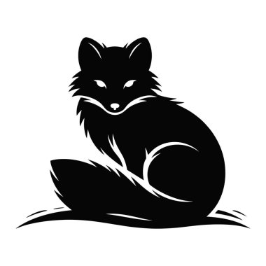 Beyaz arka planda izole edilmiş pofuduk kuyruklu, oturan bir tilkinin siyah silueti.