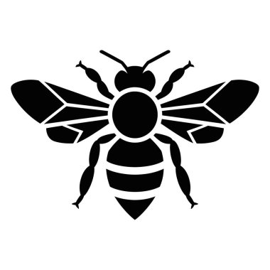 Yukarıdan izole edilmiş, beyaz arkaplanda izole edilmiş bir bal arısının siyah ve beyaz siluet grafiği