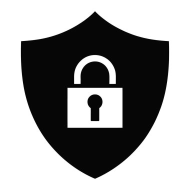 Beyaz arka planda güvenlik, koruma ve gizlilik kavramını temsil eden beyaz asma kilit sembollü siyah kalkan simgesi