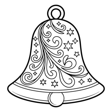 Dekoratif bir Noel çanının girdap ve yıldız desenli siyah beyaz çizimi