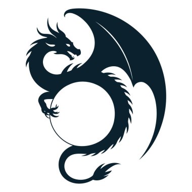 Büyük kanatları çemberin etrafında dolanmış efsanevi bir ejderhanın siyah silueti.