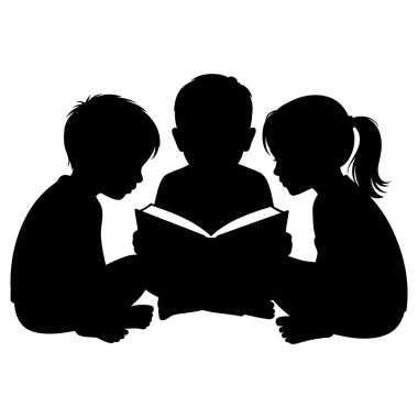 Üç küçük çocuğun silueti birlikte oturup açık bir kitap okuyorlar.