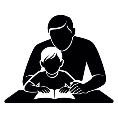 Siyah ve beyaz siluet simgesi. Bir baba, küçük çocuğuna masa başında birlikte kitap okumayı öğretiyor.