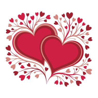 Birbirine dolanmış iki koyu kırmızı kalp küçük kalp şeklindeki yapraklar ve dallarla çevrili, beyaz arka planda izole edilmiş.