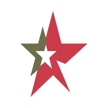 Kırmızı, zeytin yeşili ve beyaz renklerde üst üste üç yıldızın yer aldığı soyut grafik tasarımı beyaz arka planda izole edilmiştir.