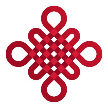 Geleneksel Çin şanslı düğümü kırmızı renkte, iyi şansı ve sonsuzluğu temsil ediyor, beyaz arka planda izole edilmiş.