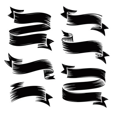 Beyaz zemin üzerinde izole edilmiş fırça darbesi dokusu olan sekiz el çizilmiş siyah bayraklar.