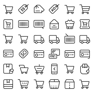 Beyaz arkaplanda siyah taslak alışverişi, ekommerce, teslimat, ödeme ve perakende simgeleri izole